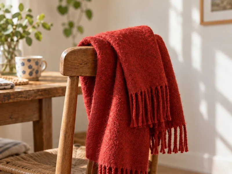 A red scarf draped over a wooden chair