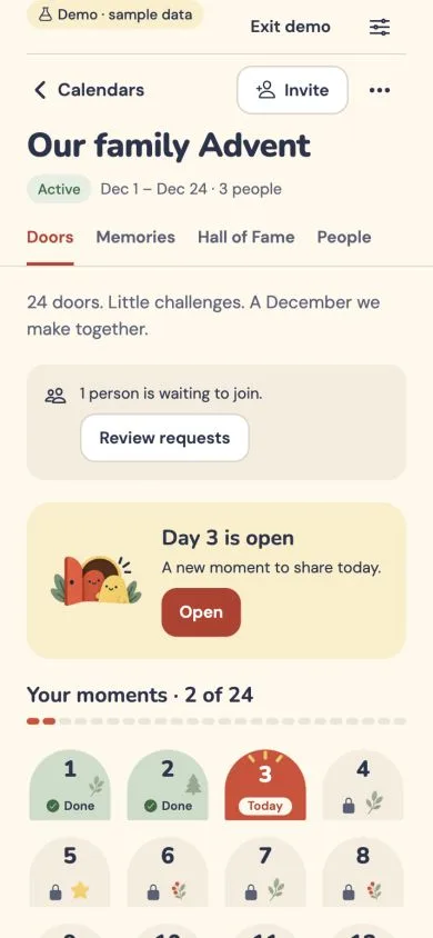 Together calendar screen with arched daily doors, a new open door, and upcoming locked days