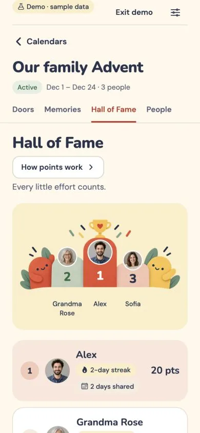 Together Hall of Fame screen with paper-cut characters, a podium, points, and streaks