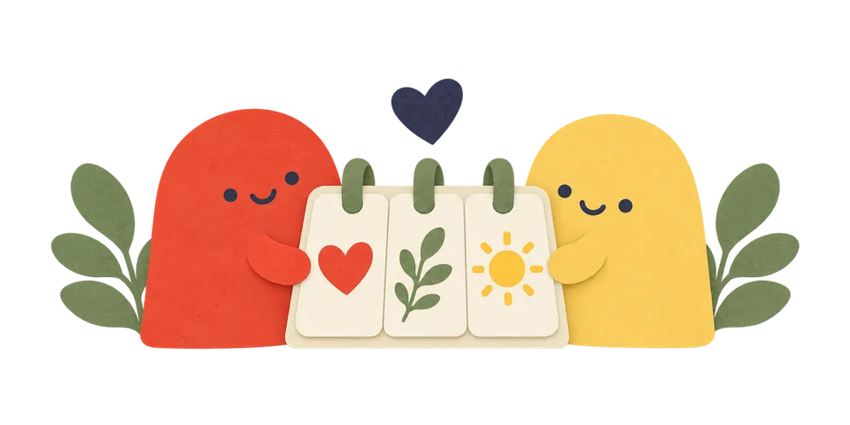 Two cheerful paper-cut companions holding a calendar of little shared moments